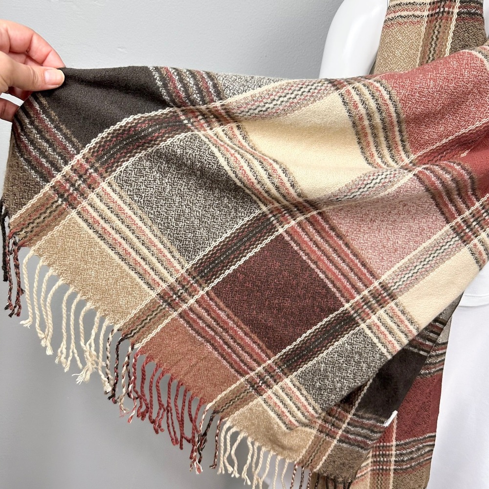 Plaid Scarf Neckwarmer OS Beige Brown Fall Fringe Cozy Fuzzy Soft Long Rectangle - Picture 5 of 6